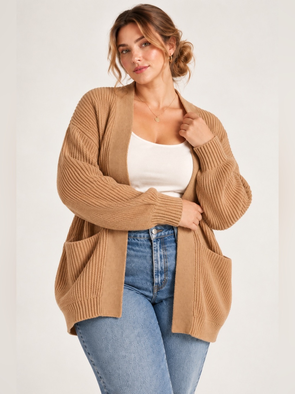 Quince Organic Cotton Camel Open Front Ribbed Oversized Cardigan Autumn Tan 2X
